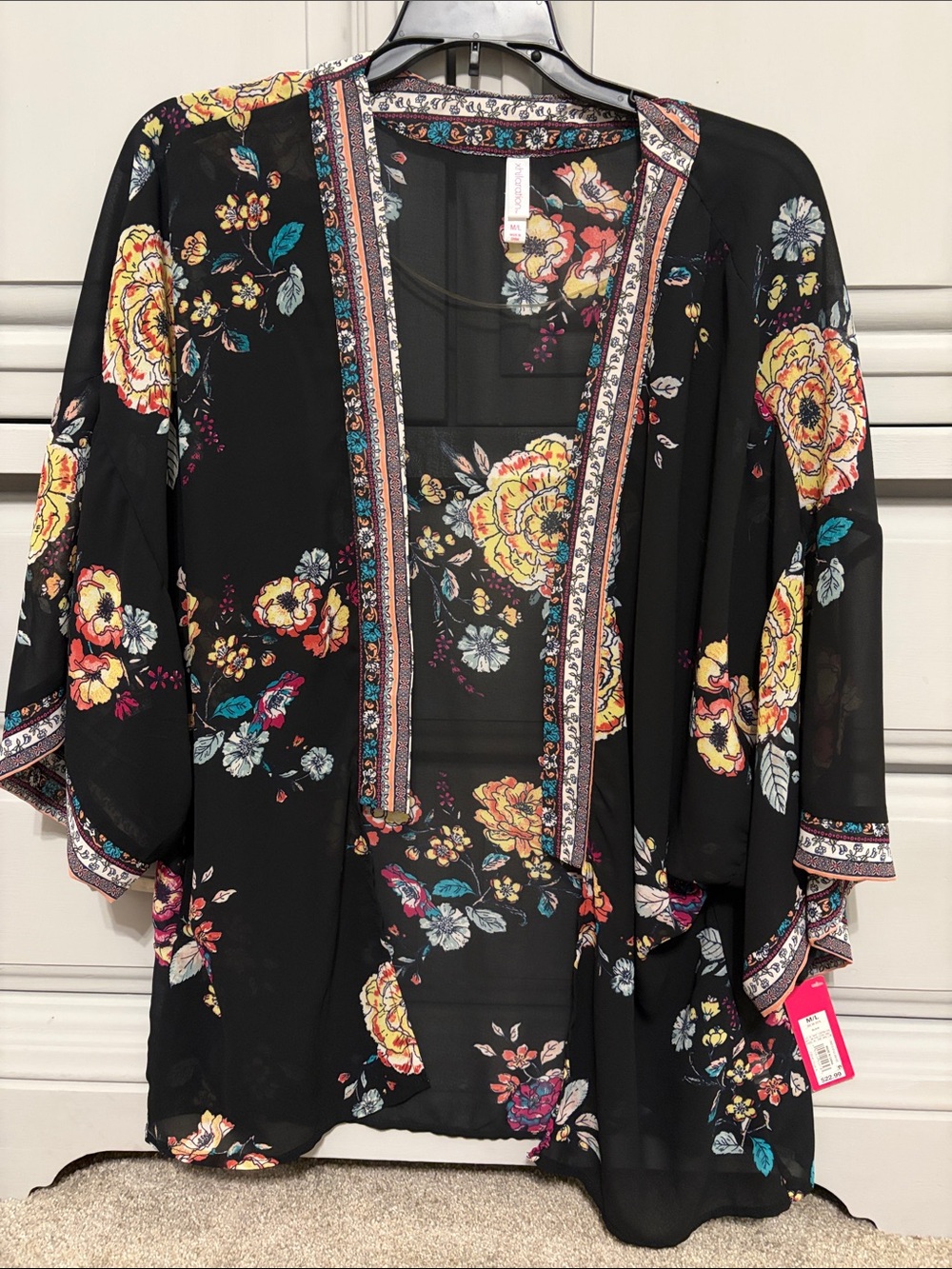 Xhilaration Black Floral Sheer Kimono with Yellow & Teal Accents
